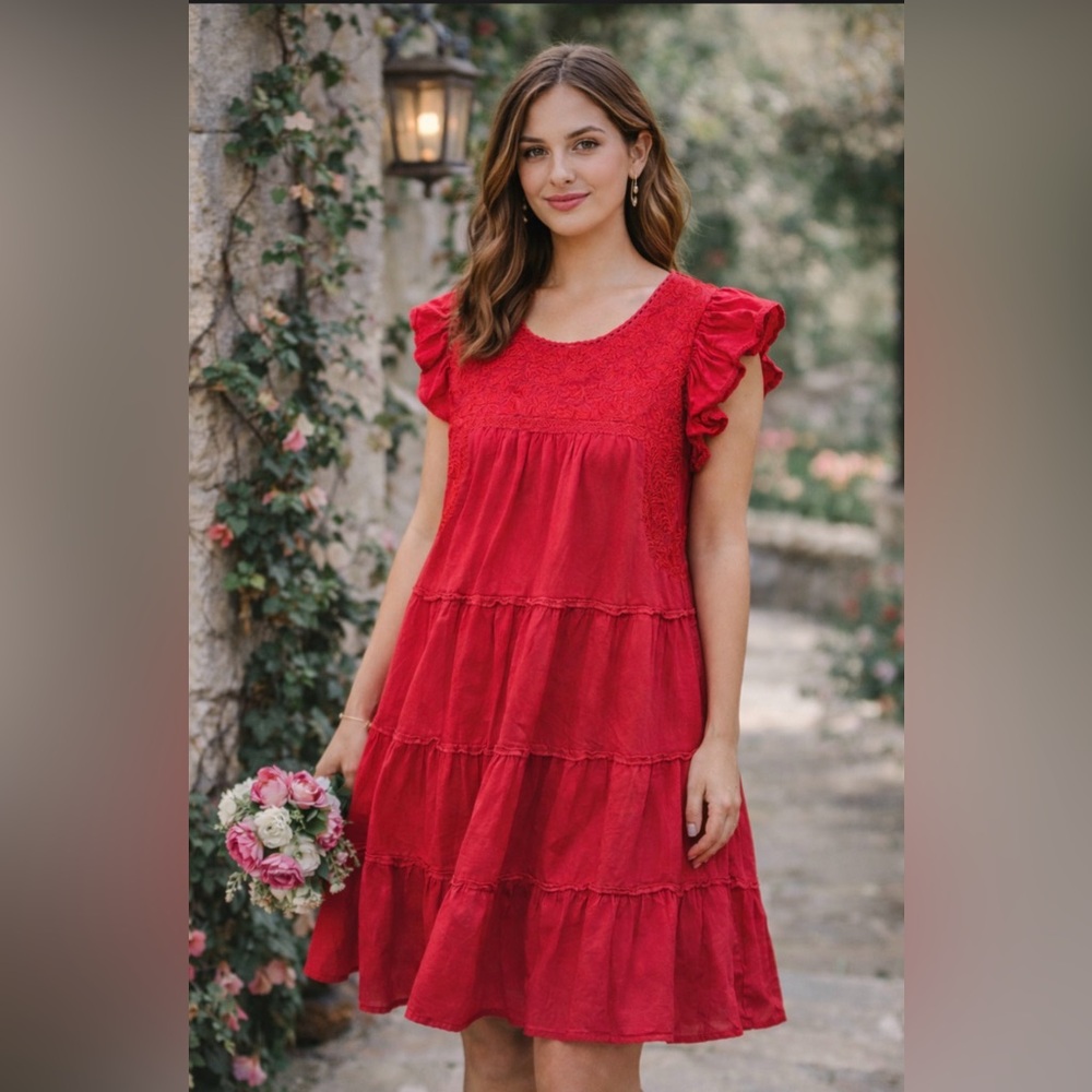 J.Marie Red Lace‎ Tiered Dress – Size S – Boho Romantic Flutter Sleeve